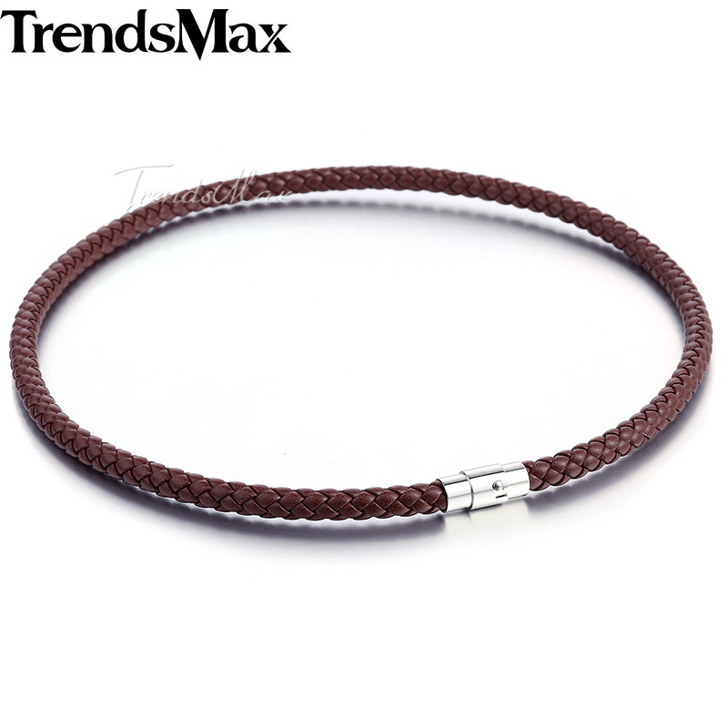 8mm Mens Braided Rope Necklace Brown Leather Stainless Steel Magnet Clasp Choker