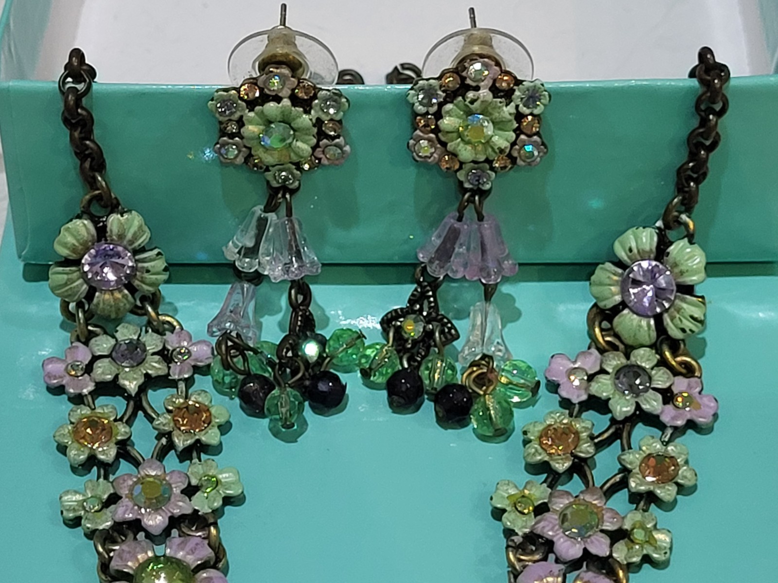 Vtg necklace, earring set Michael Morrison signed MX floral enamel with crystals
