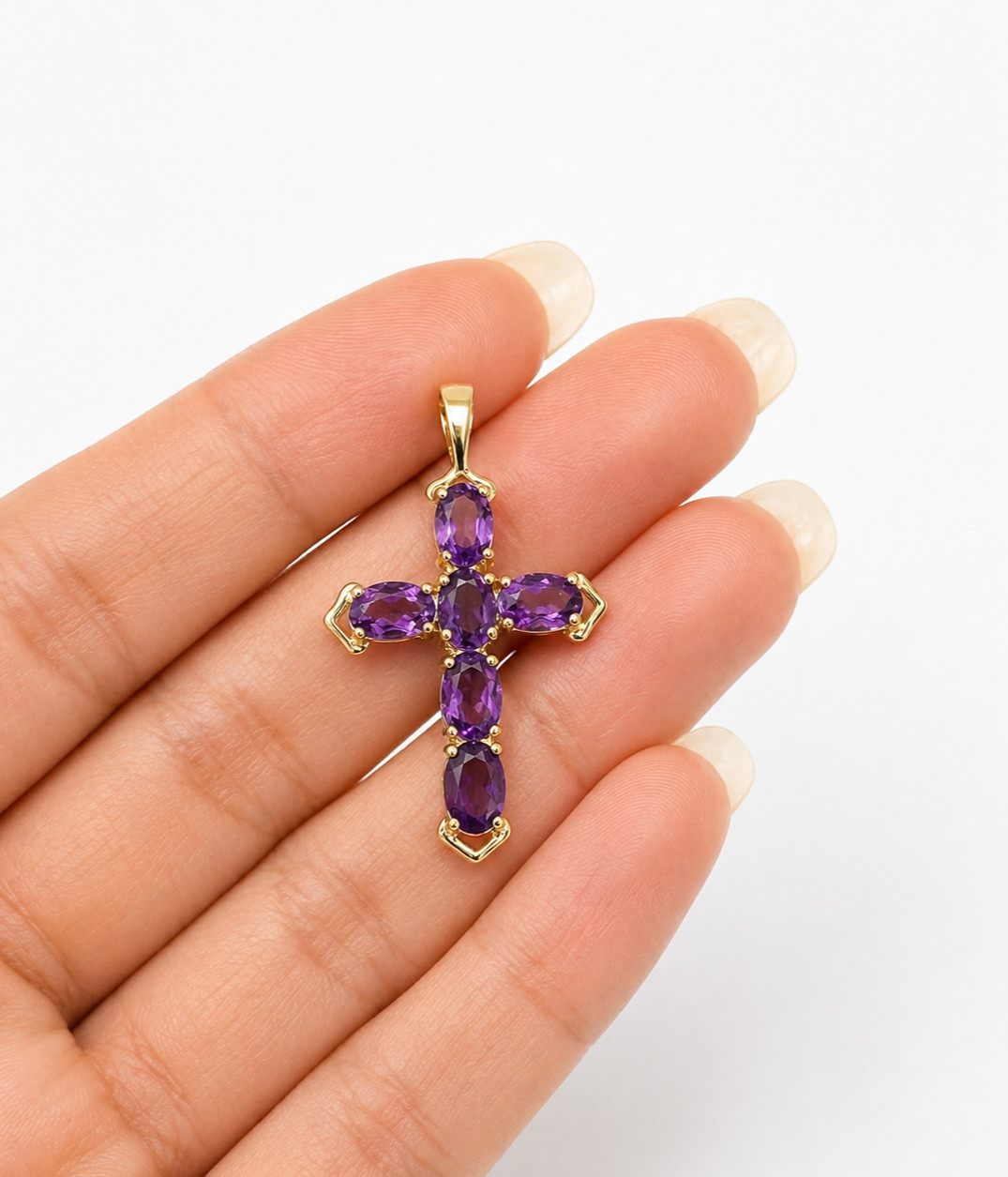 Real 10K Yellow Gold Cross Pendant Purple Amethyst Stone Religious Charm P11994
