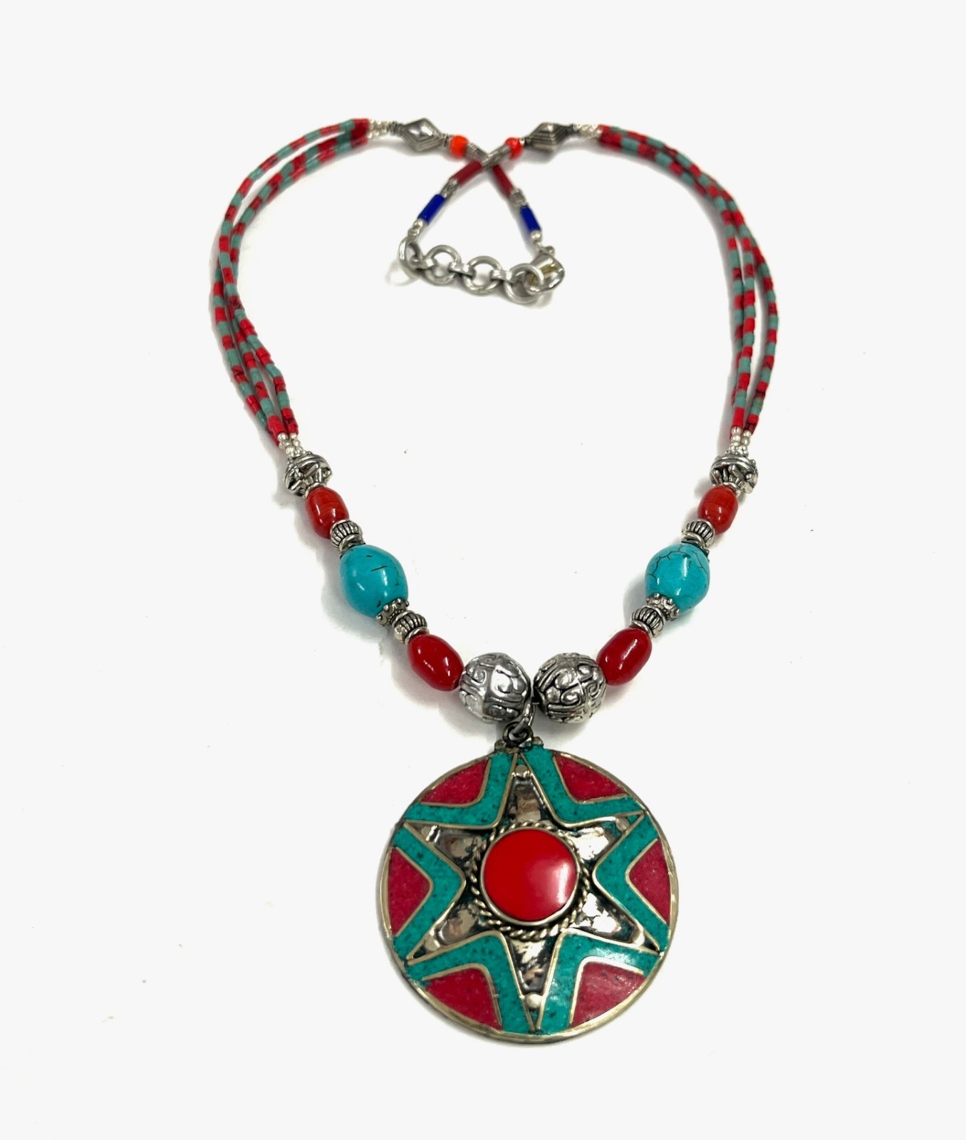 Handcrafted Red Coral Turquoise Gemstone Tibetan Necklace Jewelry, 17 Inch Adjs