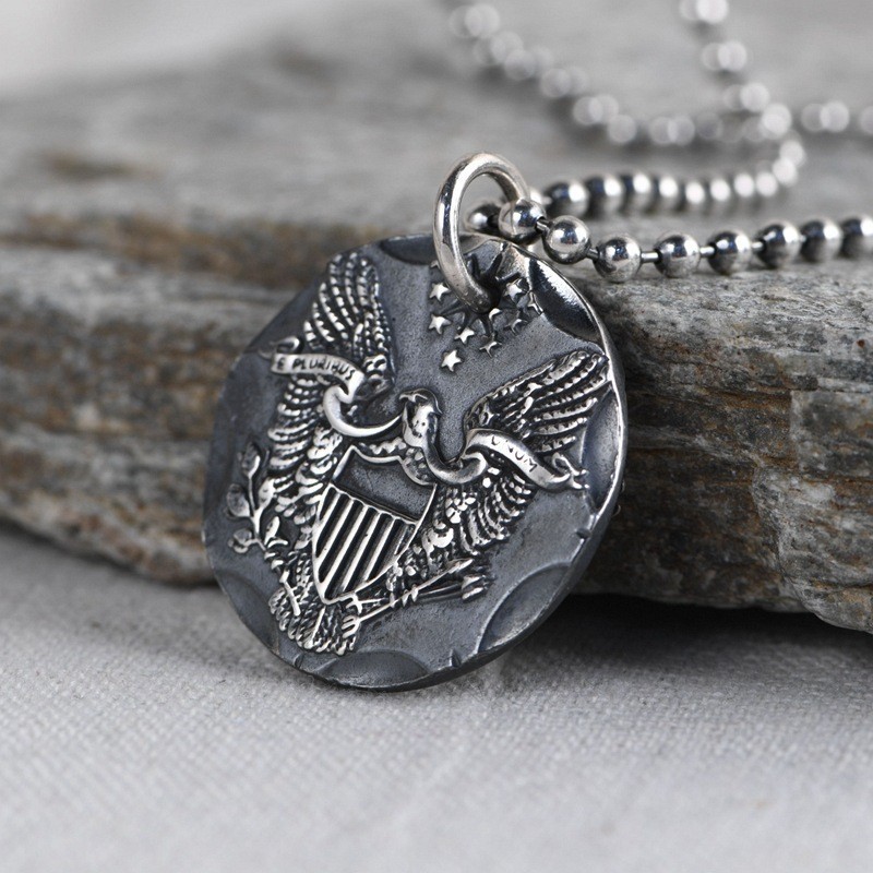 American Eagle Liberty Coin Pendant Men US Great Seal Charm 925 Sterling Silver