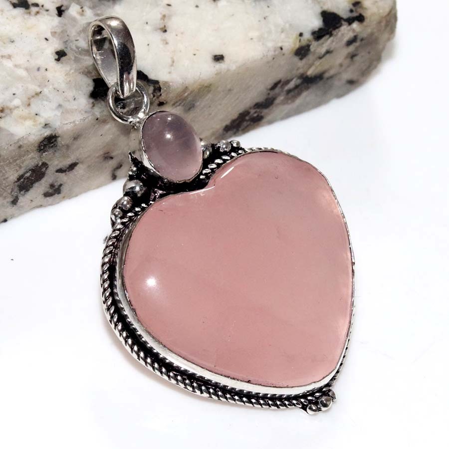 925 Silver Plated Exclusive Heart Rose Quartz Pendant 2.1″ Modern Design GW