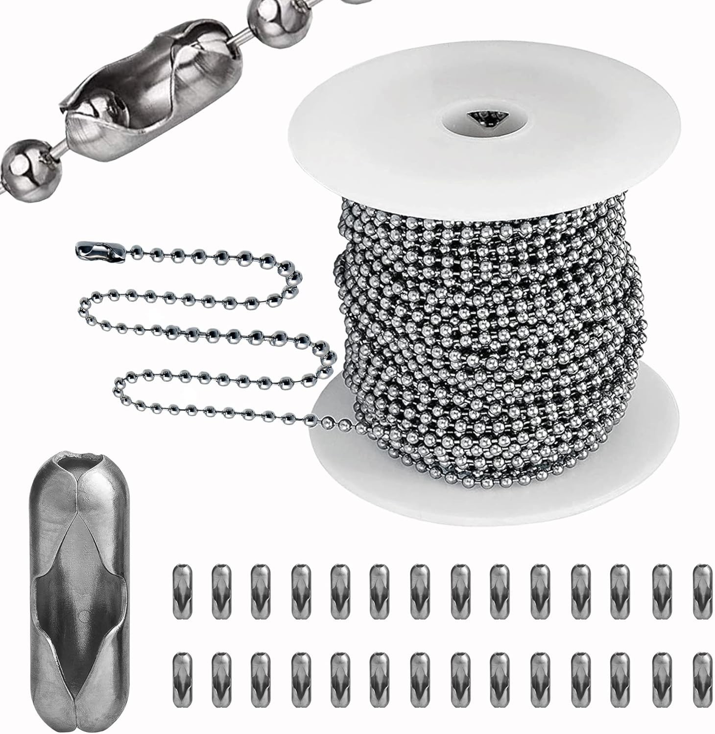 Ball Bead Chain, 55Ft Stainless Steel Chain Ball Chain Necklace Bulk with 100 Pi