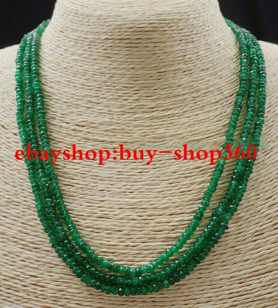 NATURAL 3 Rows 2X4mm FACETED GREEN EMERALD ABACUS BEADS NECKLACE 22-24inches