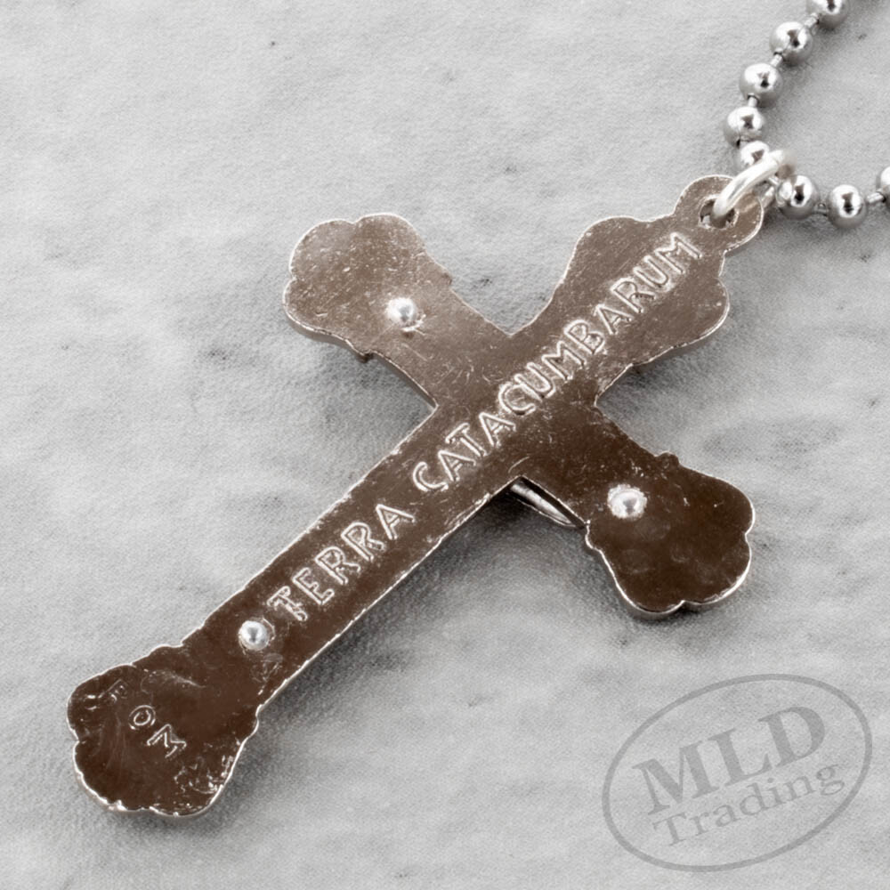 Relic Crucifix Pendant Necklace w Roman Catacombs Dirt Silver Plate Cross Italy