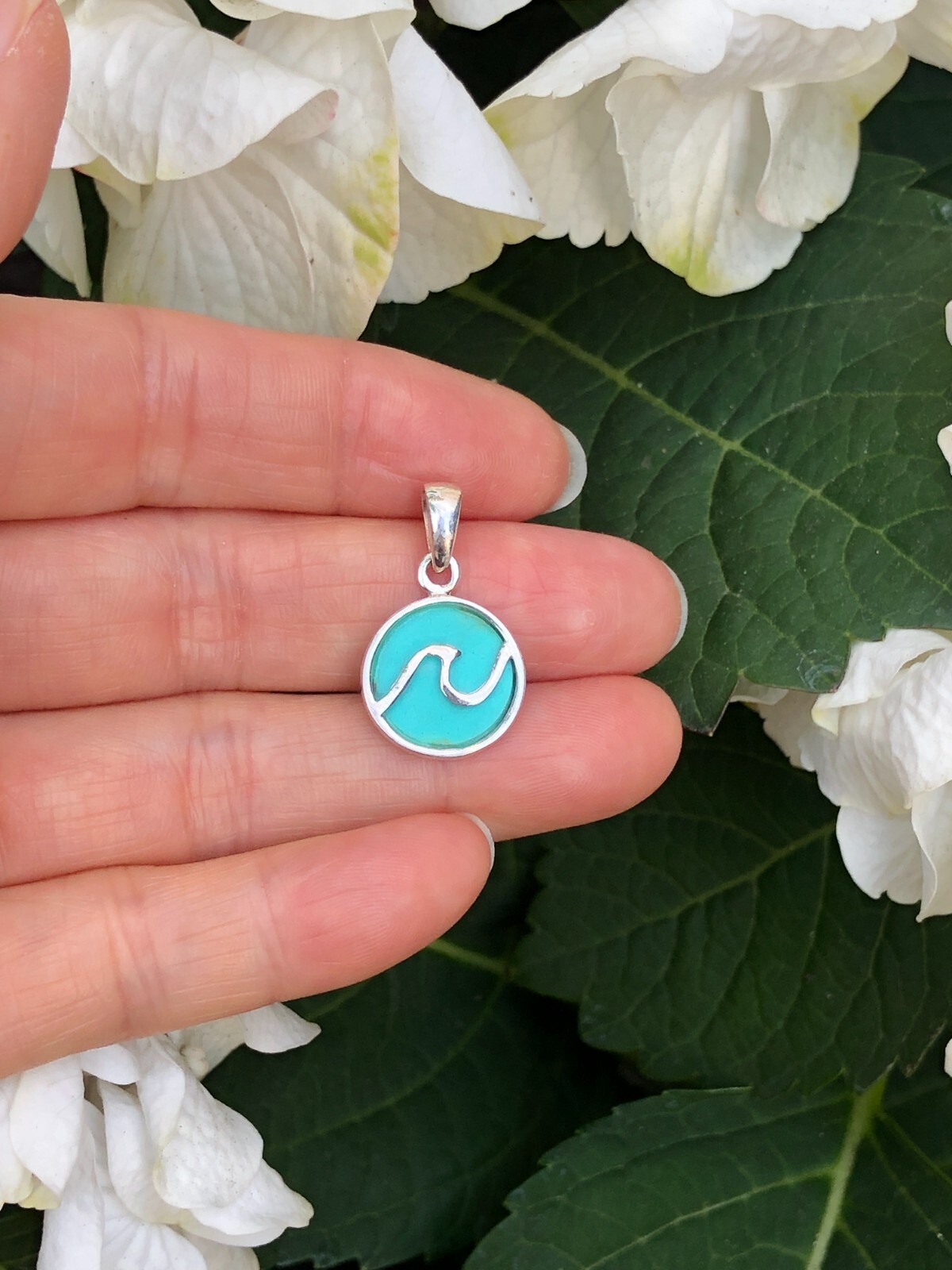 925 Sterling Silver Ocean Wave Turquoise Pendant Two Sided Women 14mm0.55″/24mm