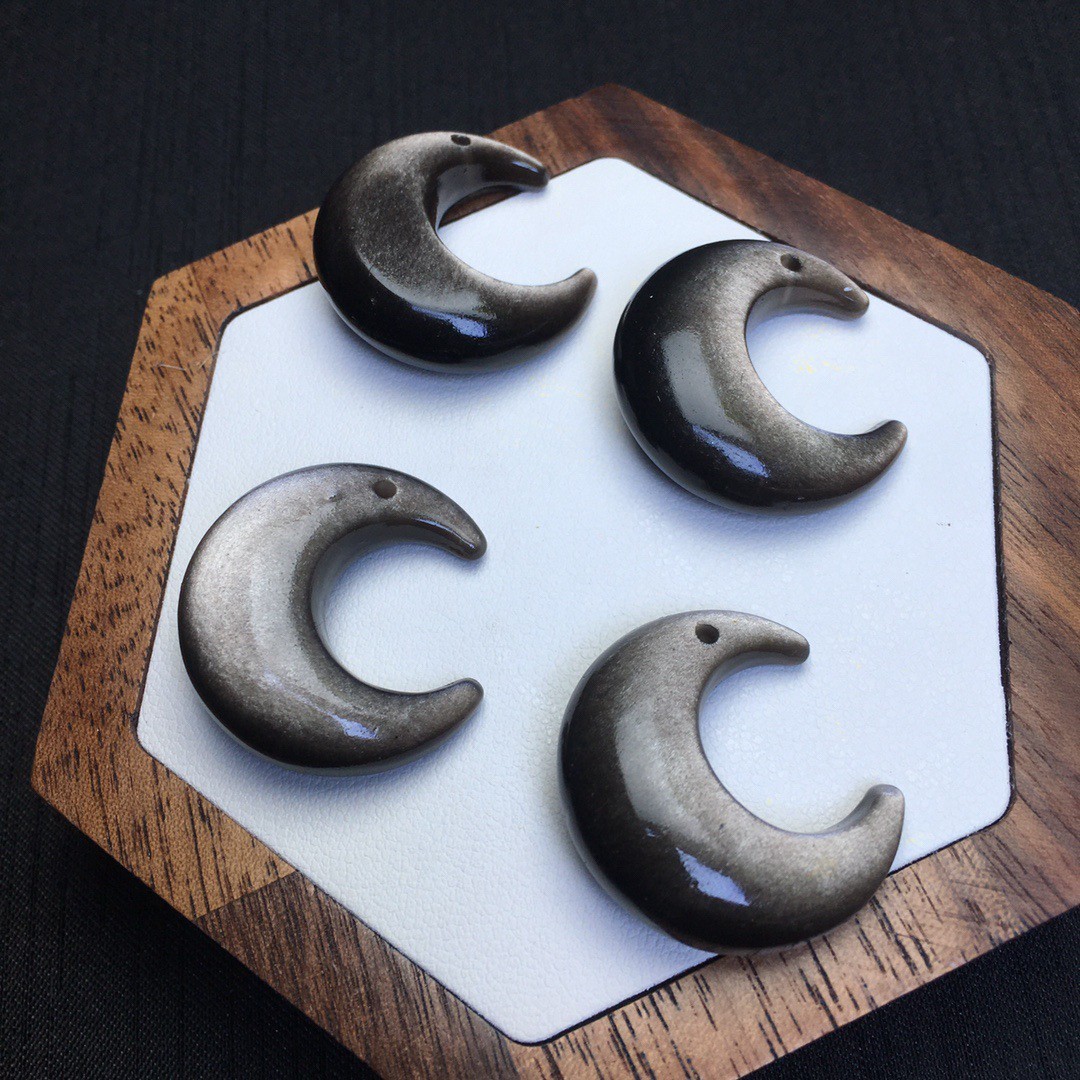 Natural 26x10mm Silvery Obsidian Moon Pendant Reiki Healing Gemstone Pendant