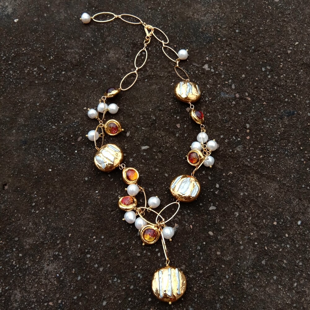 Cultured White Biwa Pearl Brown Murano Glass Chain Pearl Y-Drop Necklace 21″