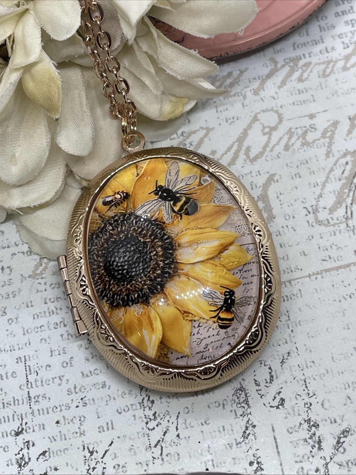 Rose Gold Large Bee Garden Sunflower Wife Locket Necklace Birthday Anniversary