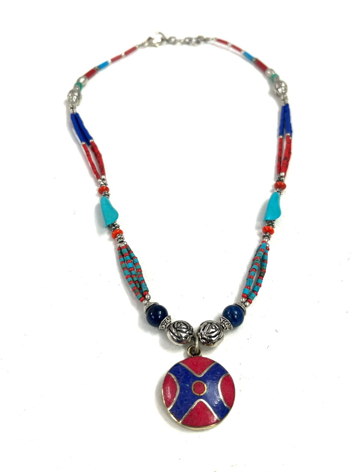 Lapis Coral Turquoise Gemstone Tibetan Handmade Necklace Jewelry, 18 Inc Adjst
