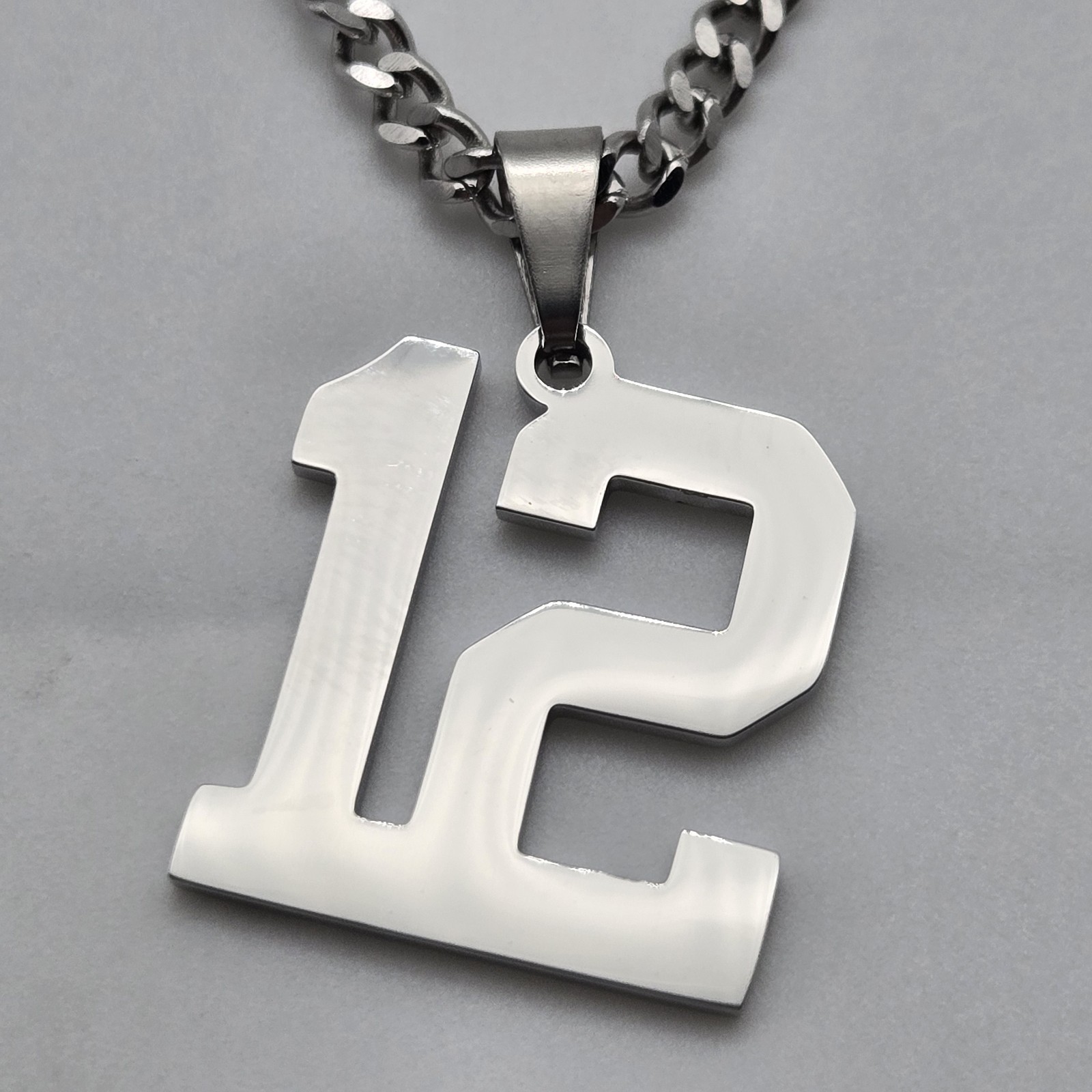 #12 BASEBALL FOOTBALL NUMBER Pendant Charm / 20″-24″ STAINLESS CHAIN NECKLACE