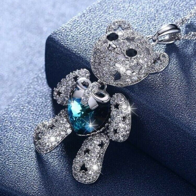 925 Sterling Silver I Love you Heart Blue Topaz Teddy Bear Pendant Necklace