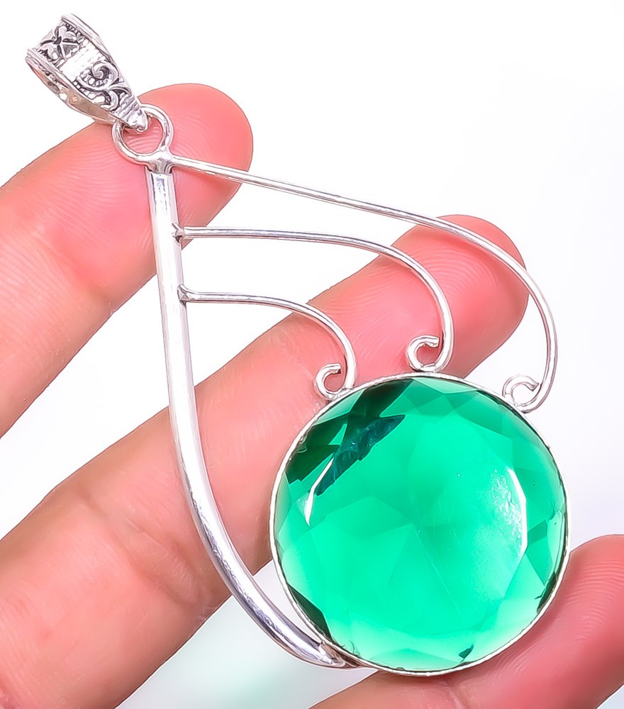 Emerald Quartz (Lab-Created) Gemstone 925 Silver Plated Pendant 3.12″ TP7785-288