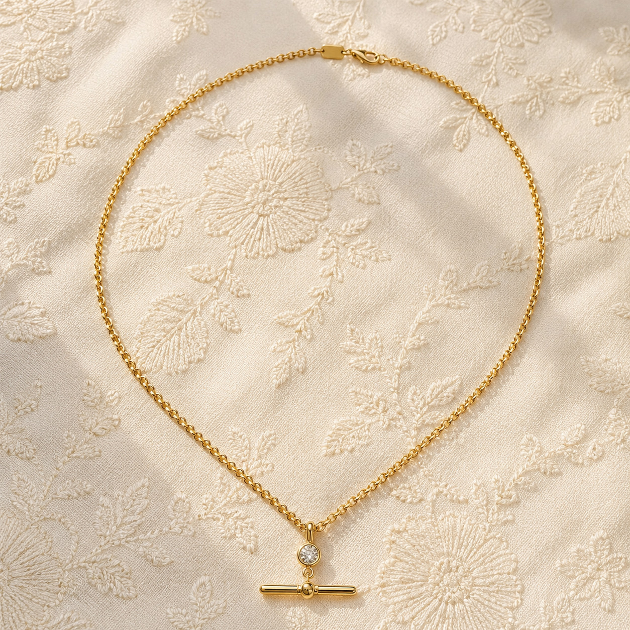 Rolo Chain Necklace Brass Metal T Bar Pendant with cz necklace for gift