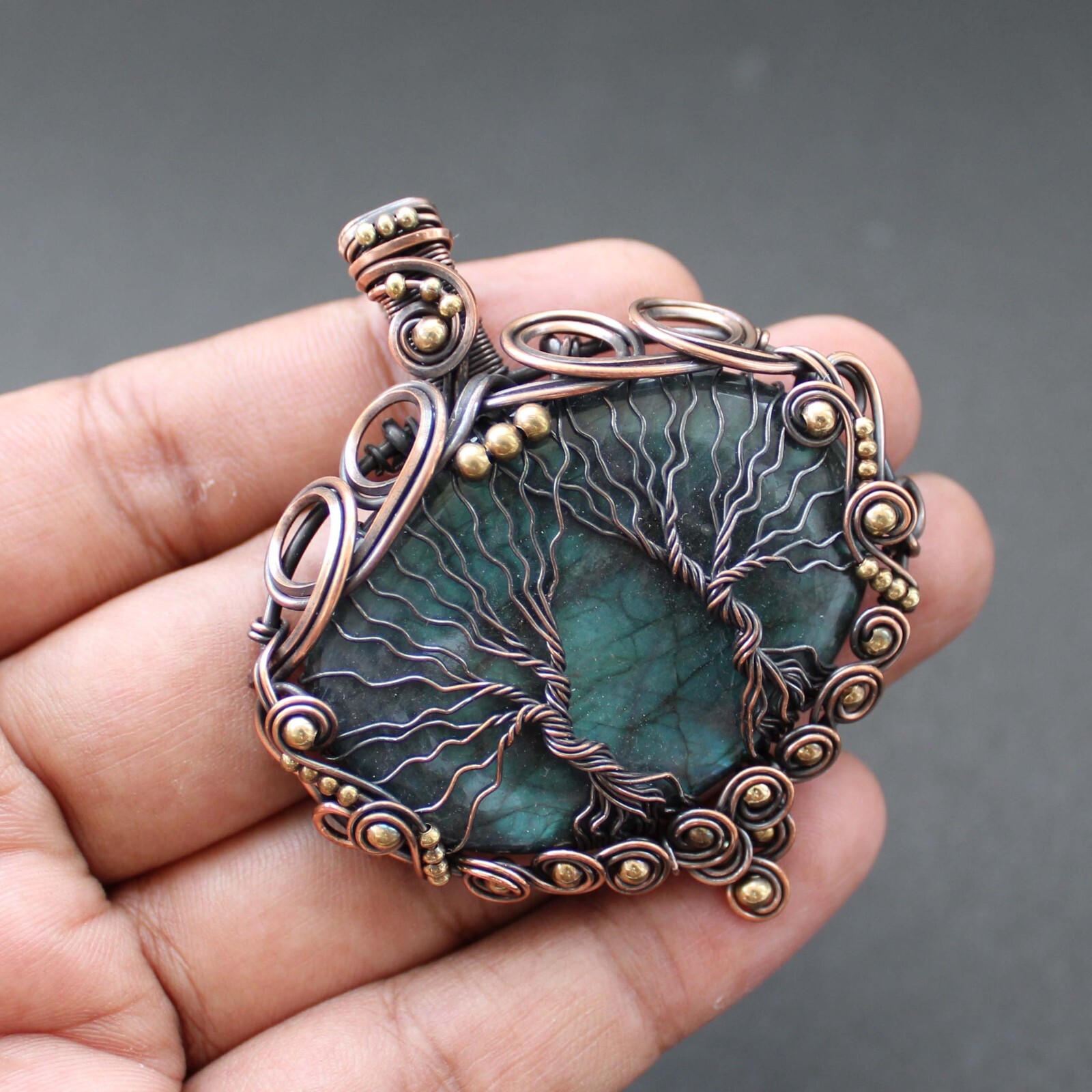 Labradorite Jewelry Copper Wire Wrapped Pendant Double Tree Of Life Pendant