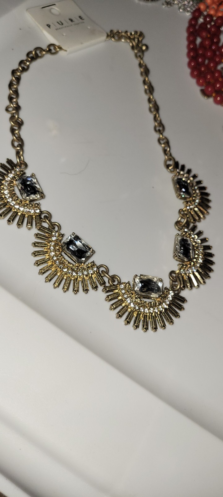 PURÉ Gold Tone Statement Bib Necklace Clear Crystal Rhinestones Lobster Clasp