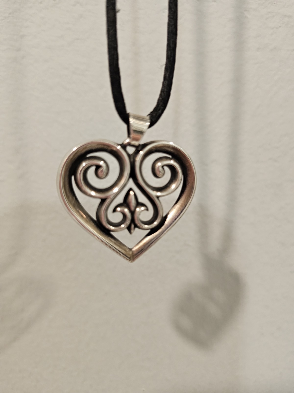 Retired James Avery French Heart Pendant with Black Silk Cord 20in