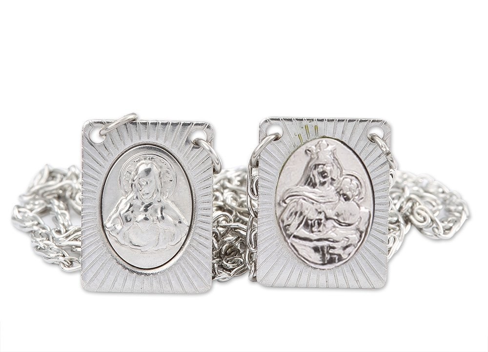 Stainless Steel Scapular Necklace 14 Inch Sacred Heart & Our Lady of Mount