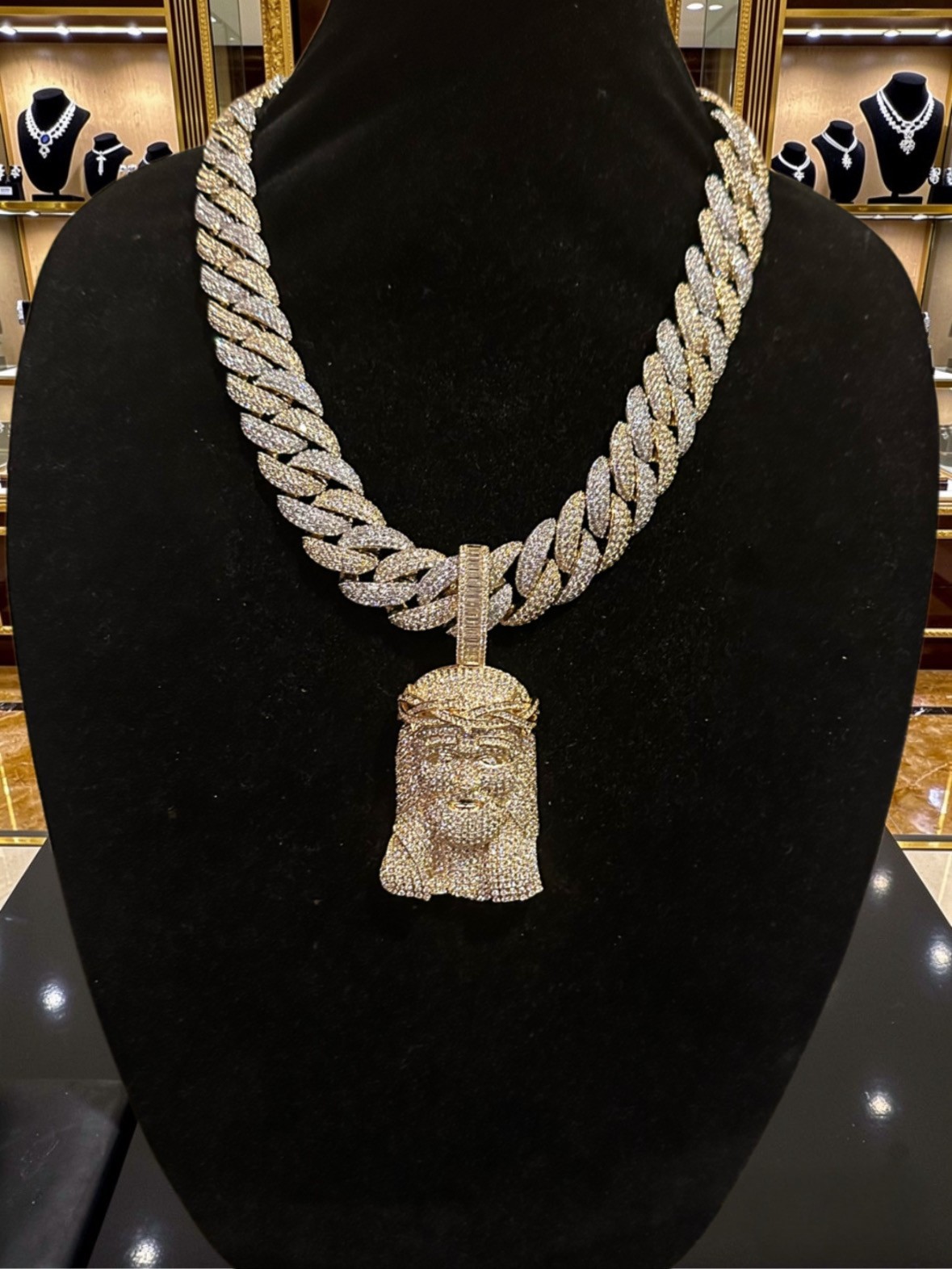 XXL JESUS Pendant 2-TONE GOLD Cuban 22mm 144ct Lab Sim Diamond Chain 14k STAMPED