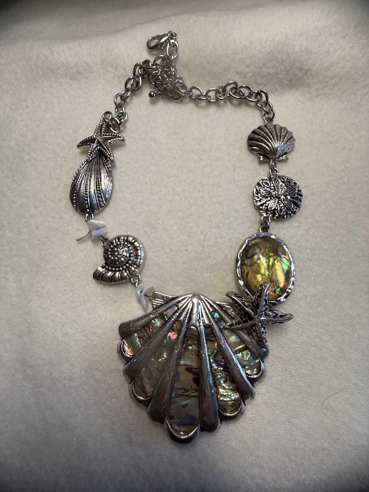 Coastal Silver Tropical Shell Necklace Cruise Wear Abalone