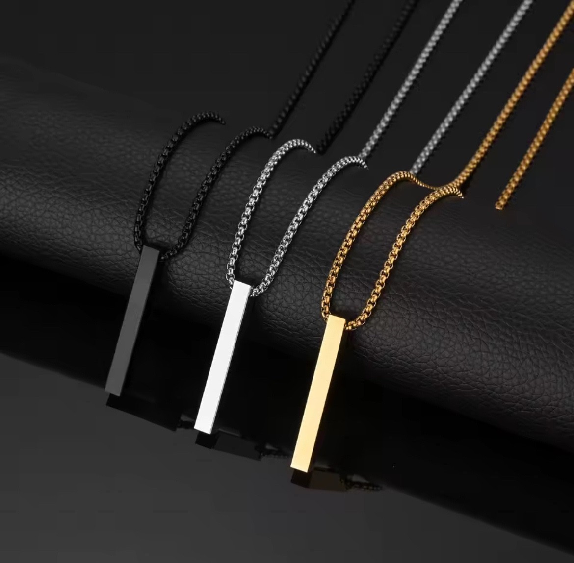 Minimalist Bar Pendant Necklace Stainless Steel 24” Chain Gold Silver Black