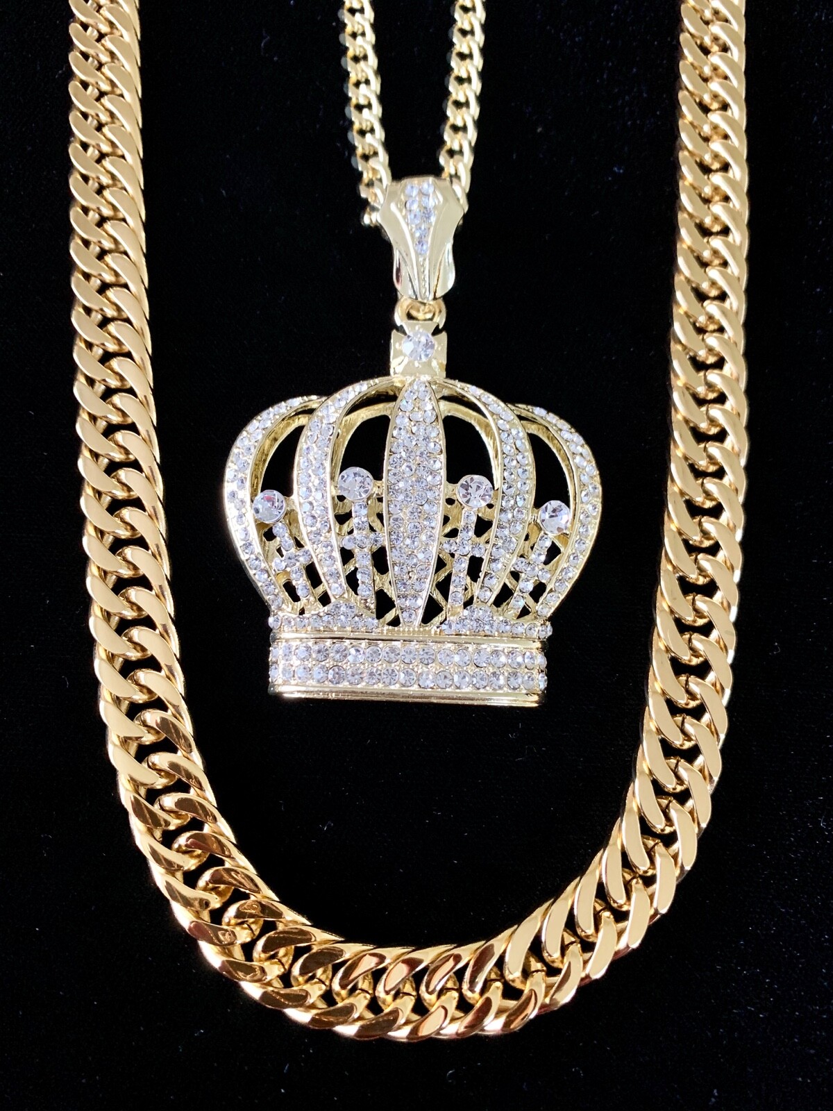 Solid 18K Gold Lab Diamonds BIG CROWN Pendant Chain Necklace *LIFETIME WARRANTY*