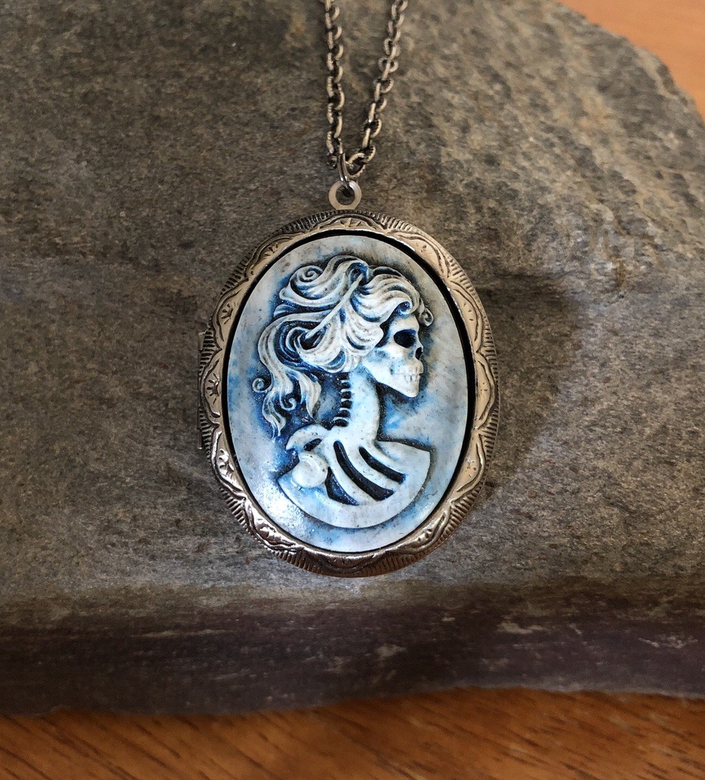 BLUE LADY LOLITA SKULL CAMEO PHOTO LOCKET NECKLACE Distressed Halloween Pendant