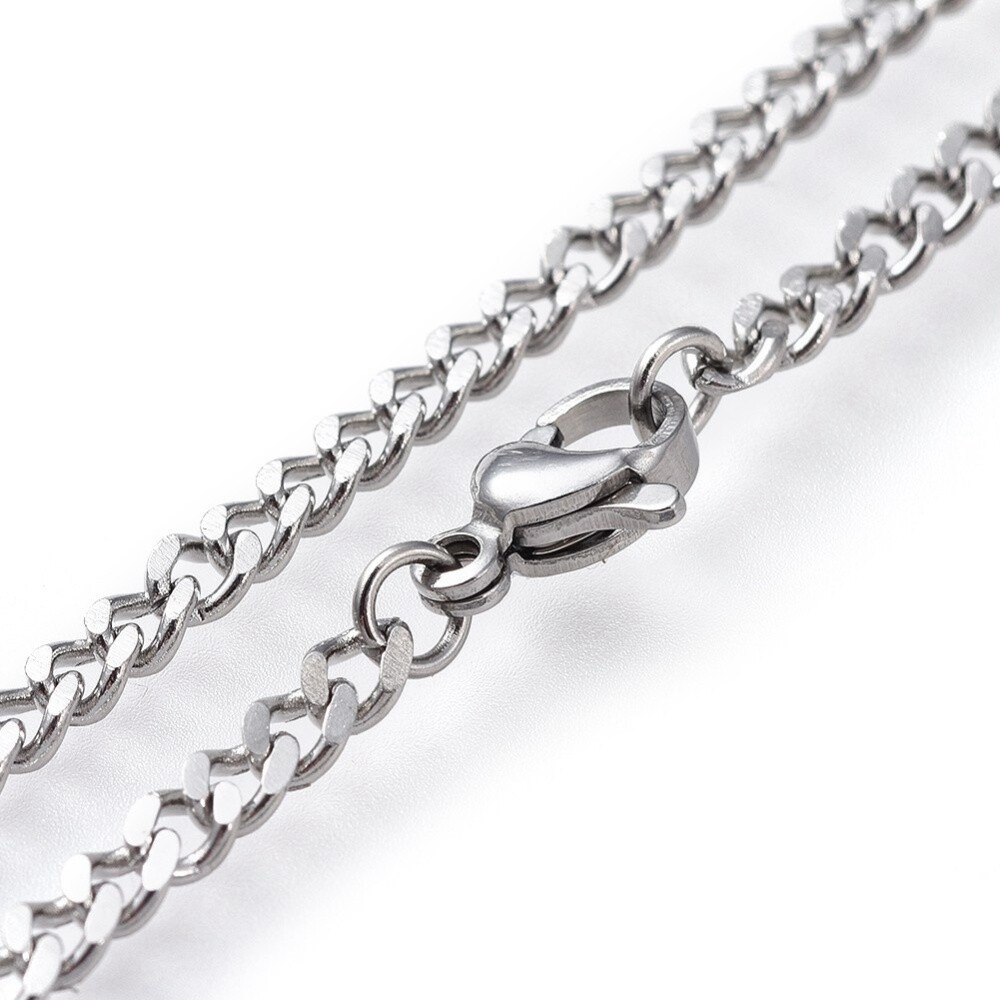 304 Stainless Steel Curb Chain Necklace Lobster Silver Color 19.5″ 3mm  A260