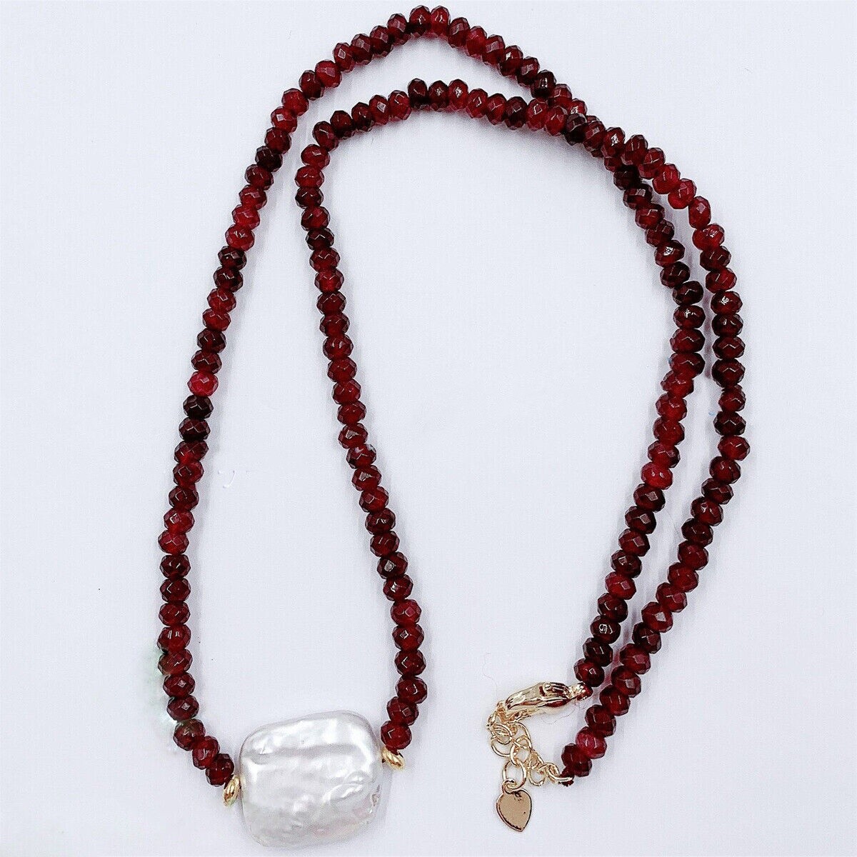 Faceted 2x4mm Red Garnet Natural 15x20mm White Baroque Pearl Pendant Necklace