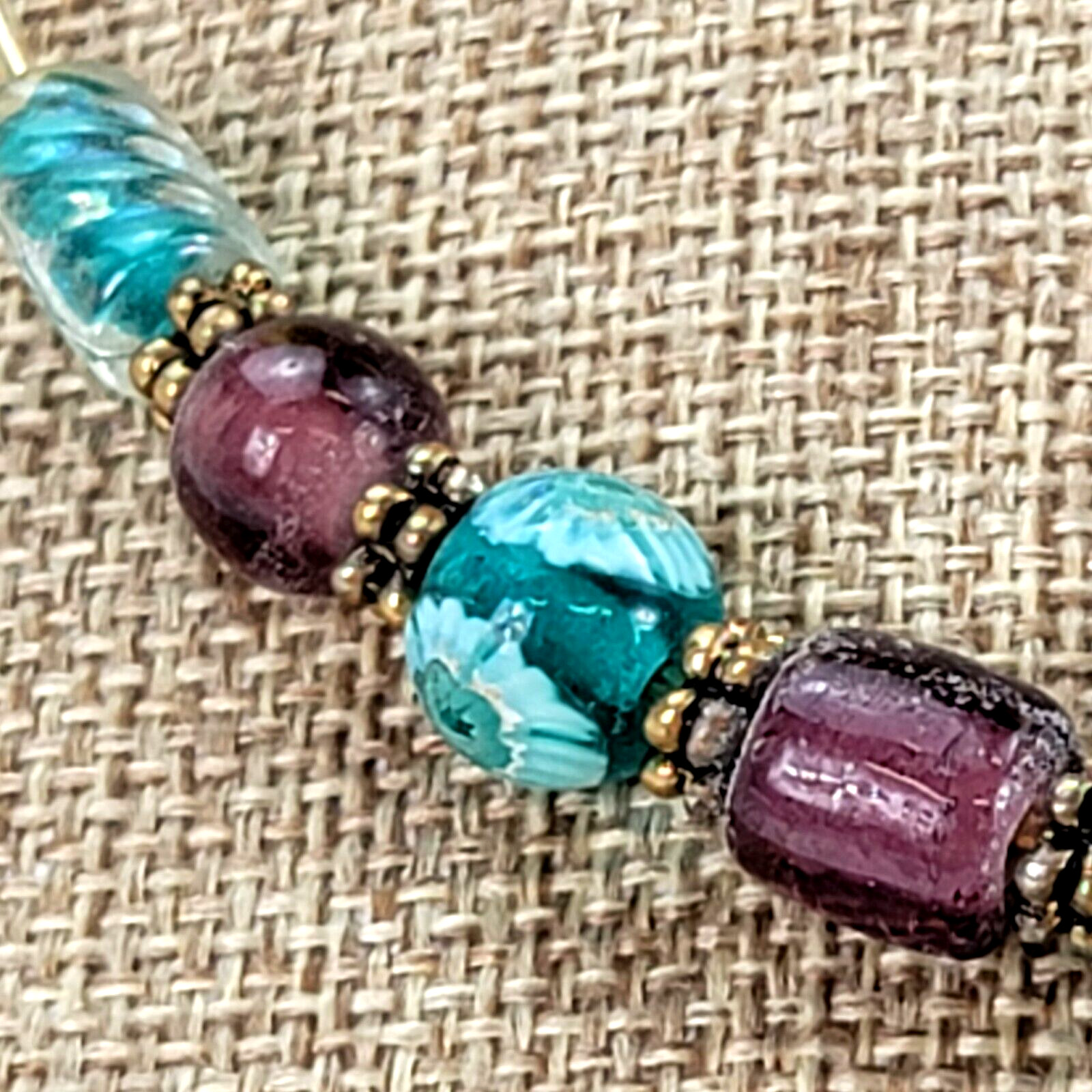 Purple And Green Glass Bead Wire Choker Necklace 15 in Gold Tone