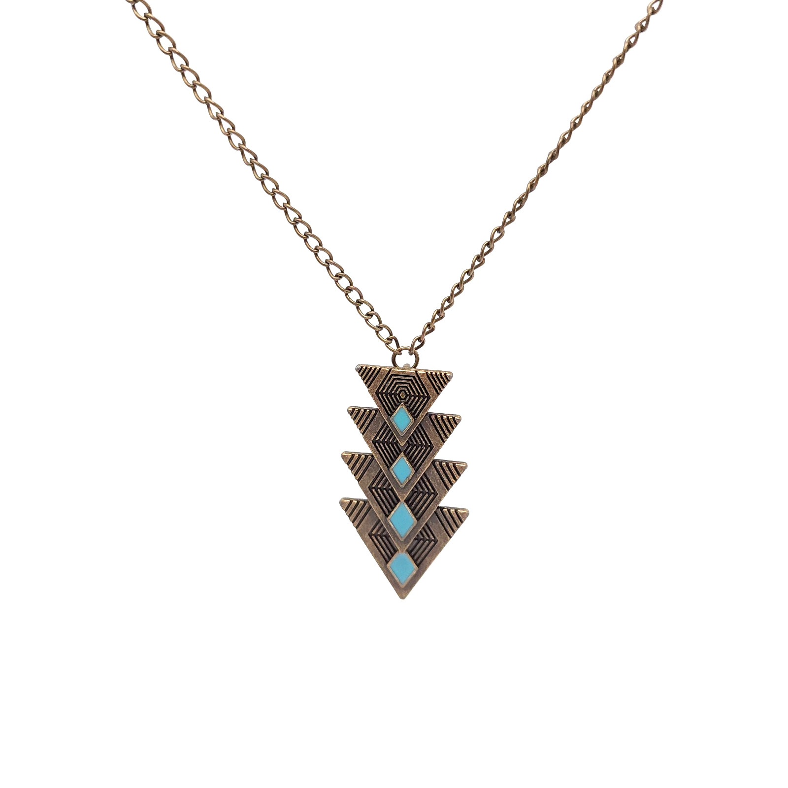 Bronze Tone Chevron Necklace Blue Enamel Geometric Boho Statement