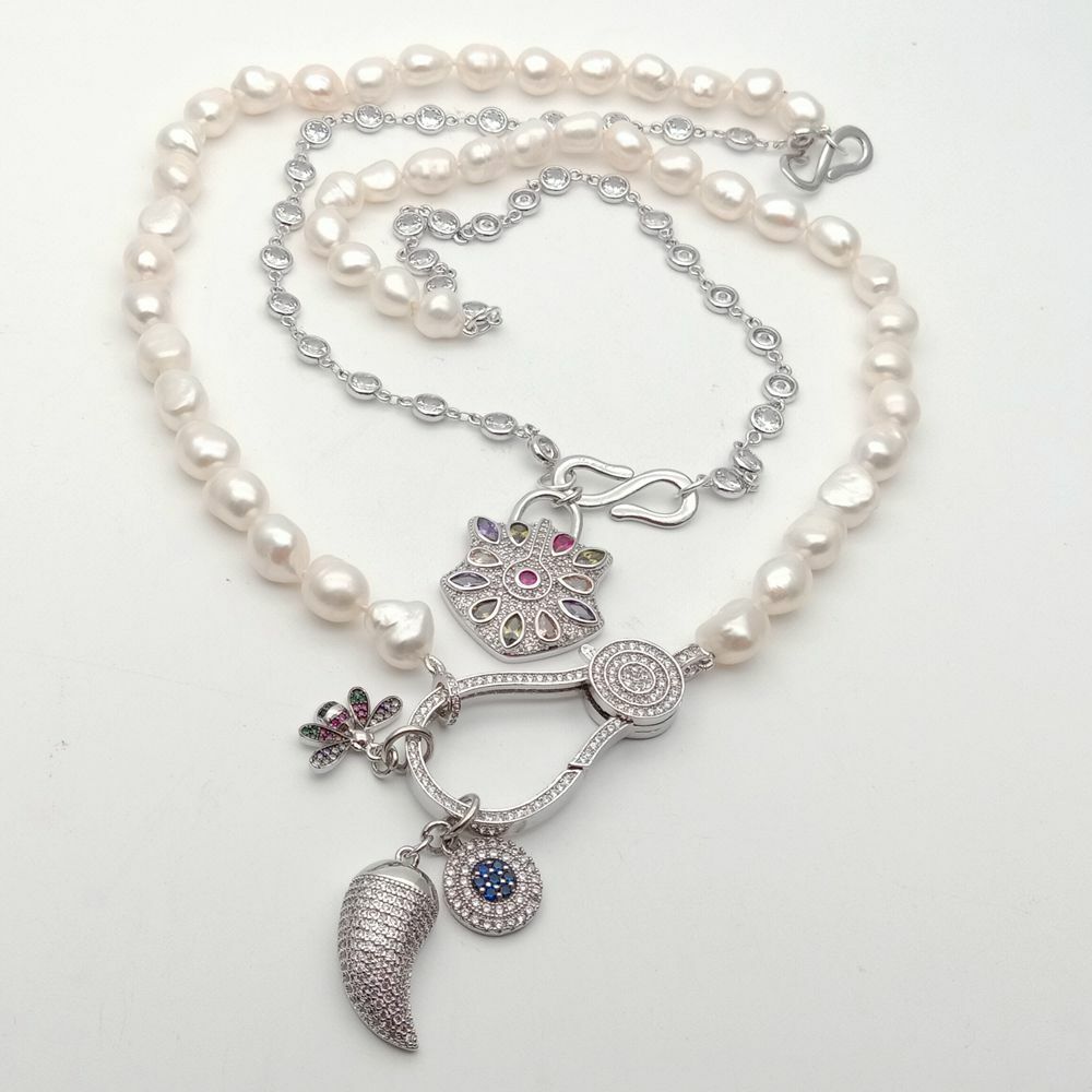 2 rows Cultured White Baroque Pearl Cz pave Drop Charm Necklace 19”