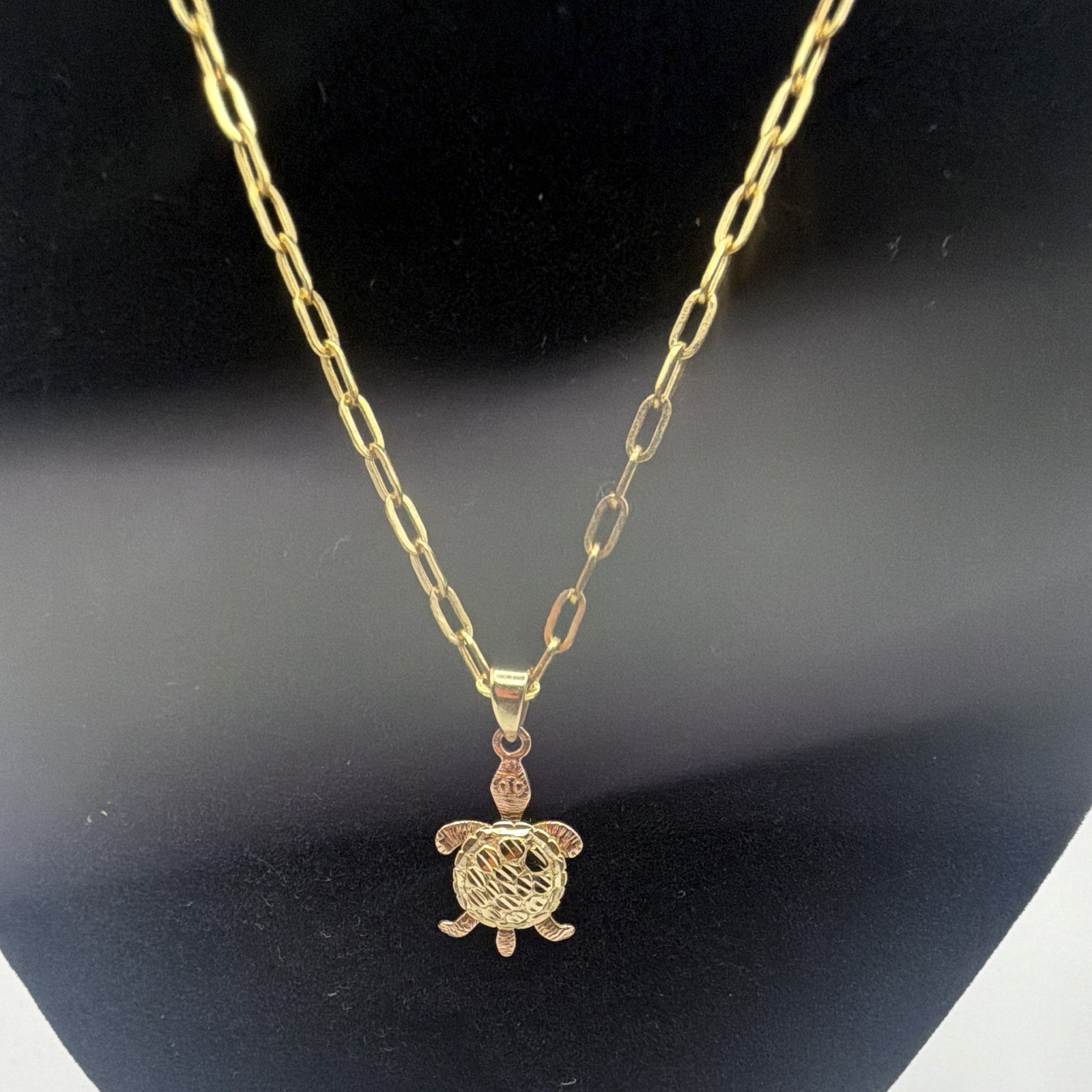 14K Two-Tone Turtle Pendant & 10K Real Solid Gold 18″ 2.2mm Paperclip Chain