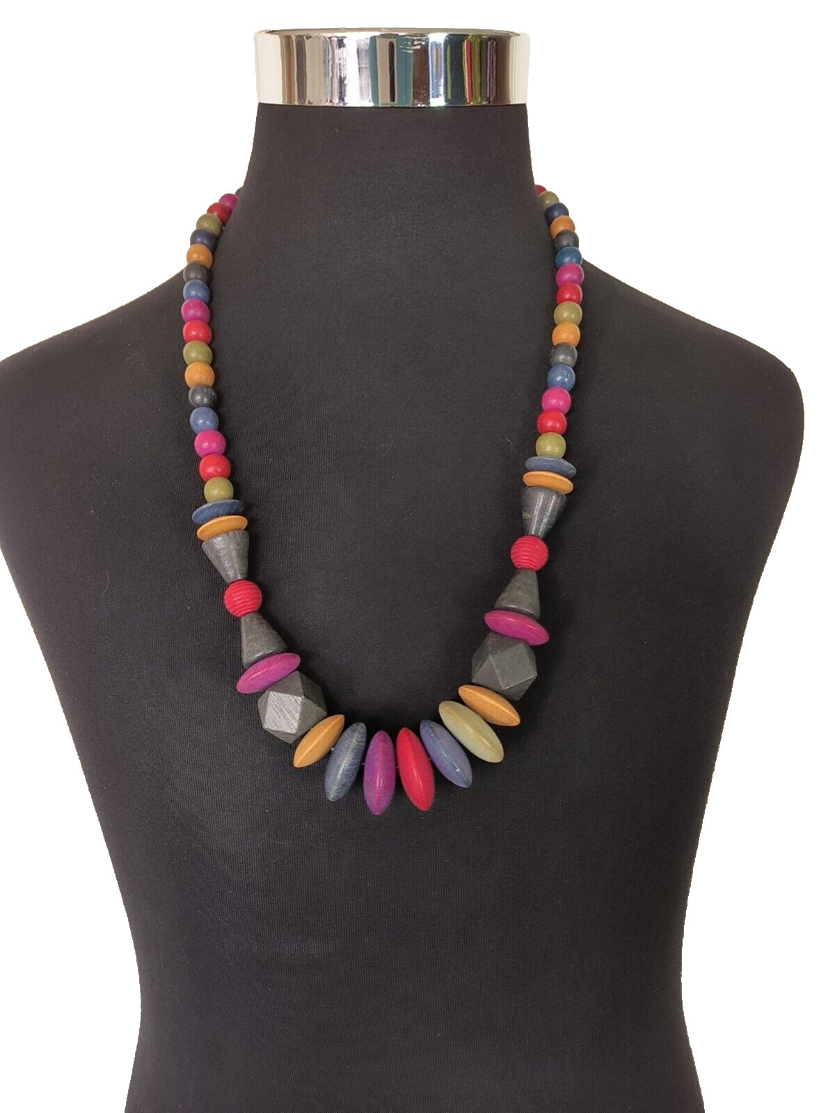 Women’s Statement Necklace Multicolor Wooden Beads Assorted Sizes 15 in drop