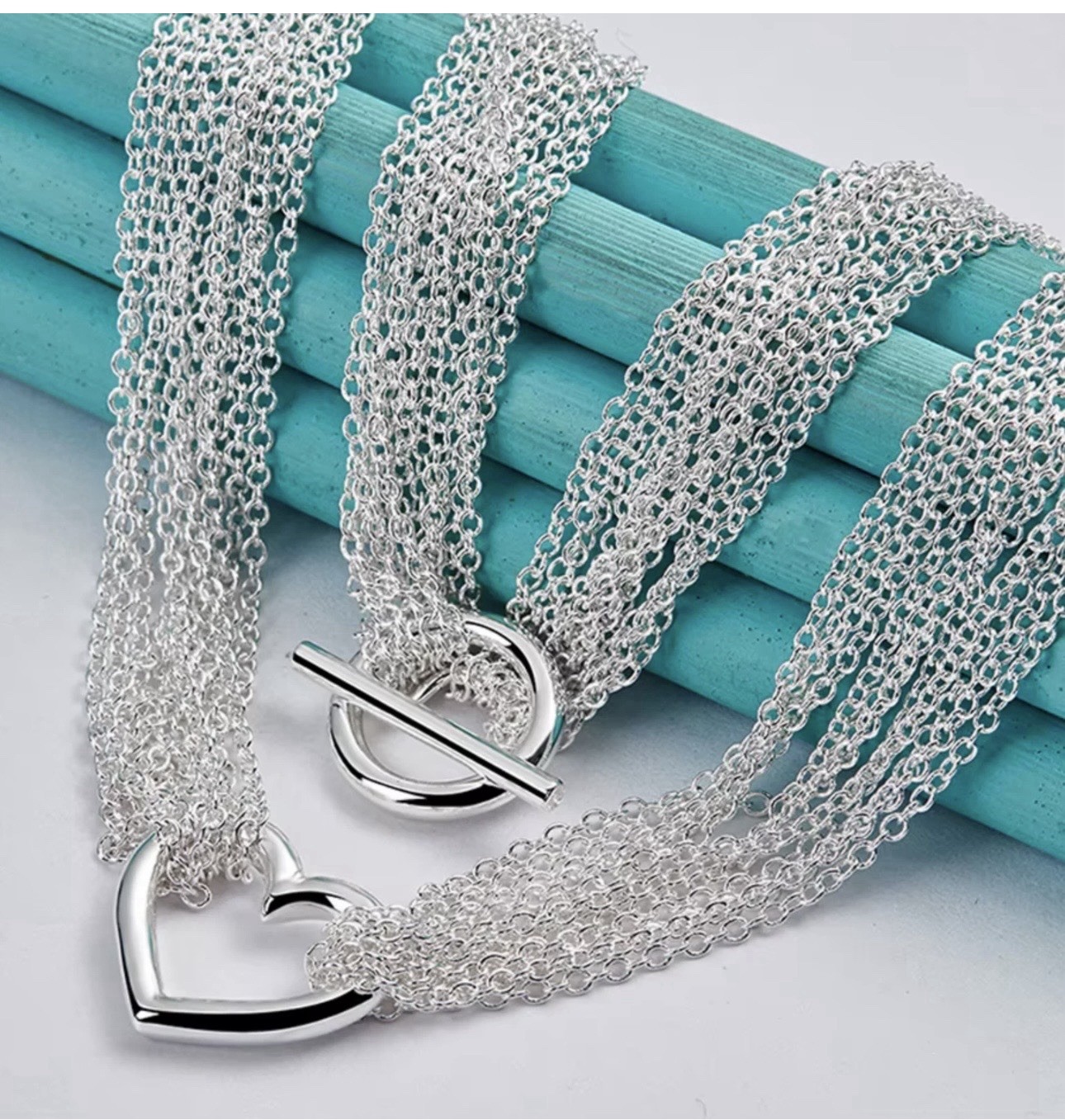 .925 Sterling Silver Multi-Thin 17.5 in Necklace Heart 8” Bracelet Wht GdToggle