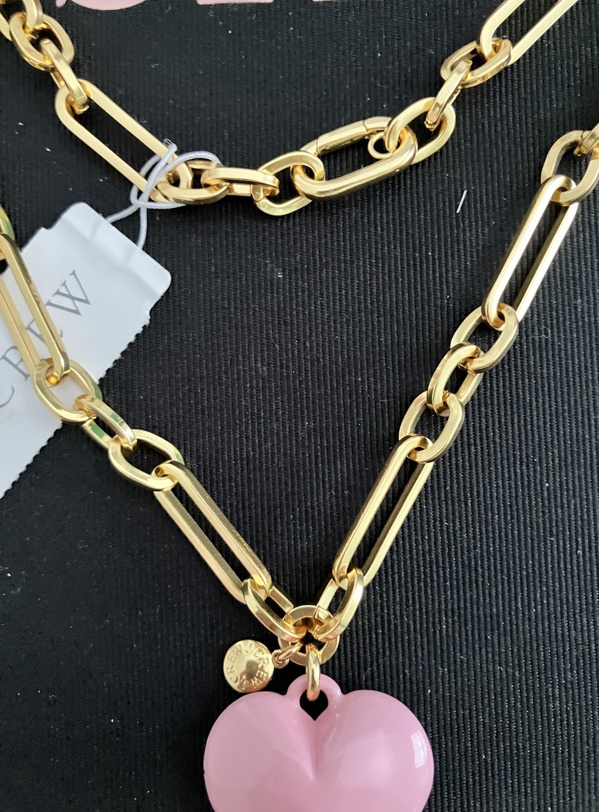 NWT J Crew Pink Enamel Heart Gold Tone Statement Necklace