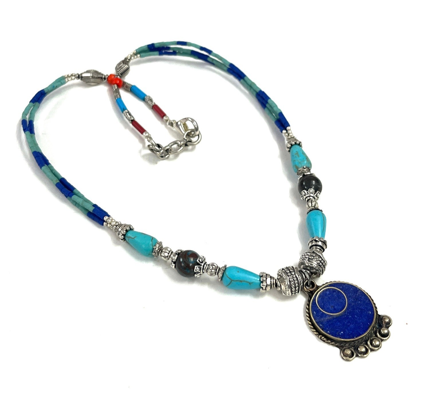 Nepalese Lapis Turquoise Gemstone Tibetan Necklace Jewelry, 17 inch Adjus