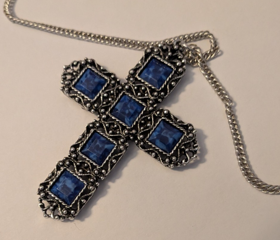 Silver Tone Metal Cross Pendant Necklace, Religious Theme, Blue Square Stones
