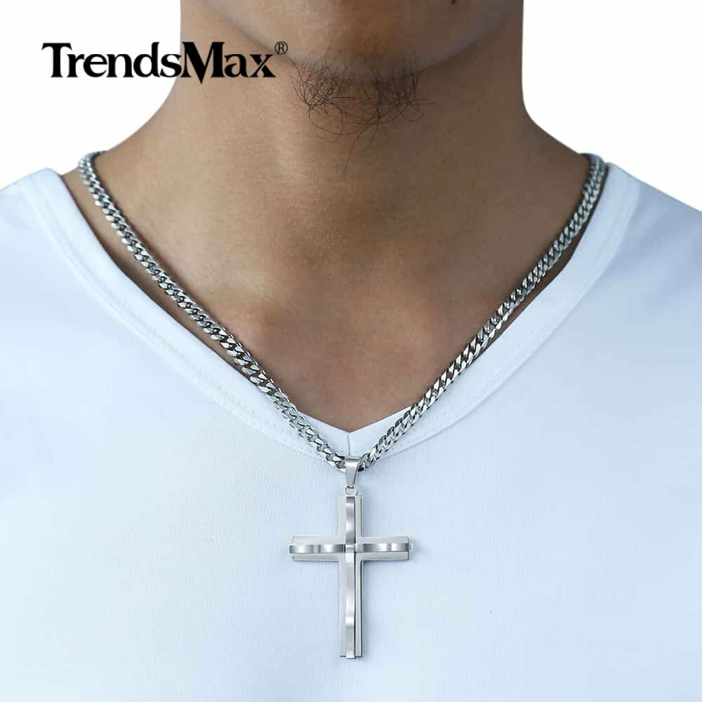 Silver Mens Cross Pendant Necklace 5mm 18-36” Stainless Steel Curb Cuban Chain
