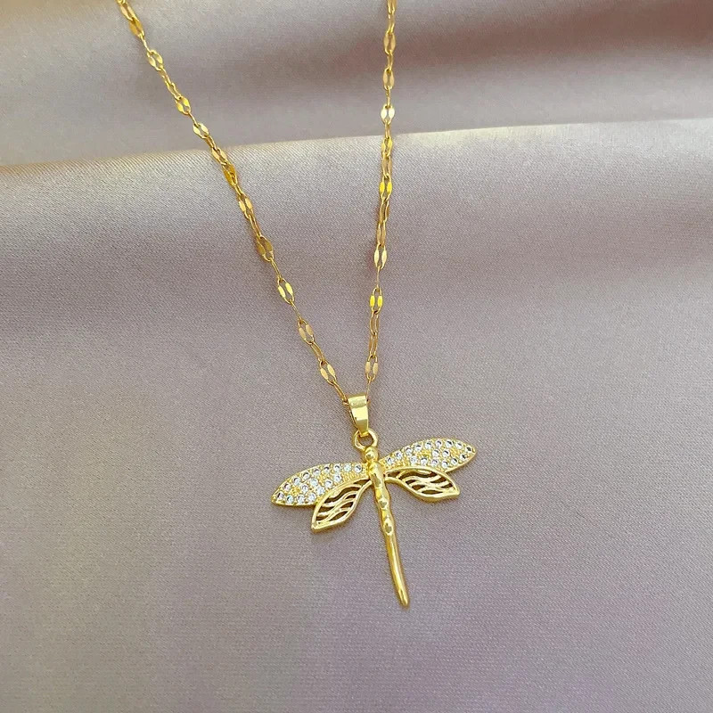 14k yellow gold plated dragon fly necklace pendant simulated diamonds 18” chain