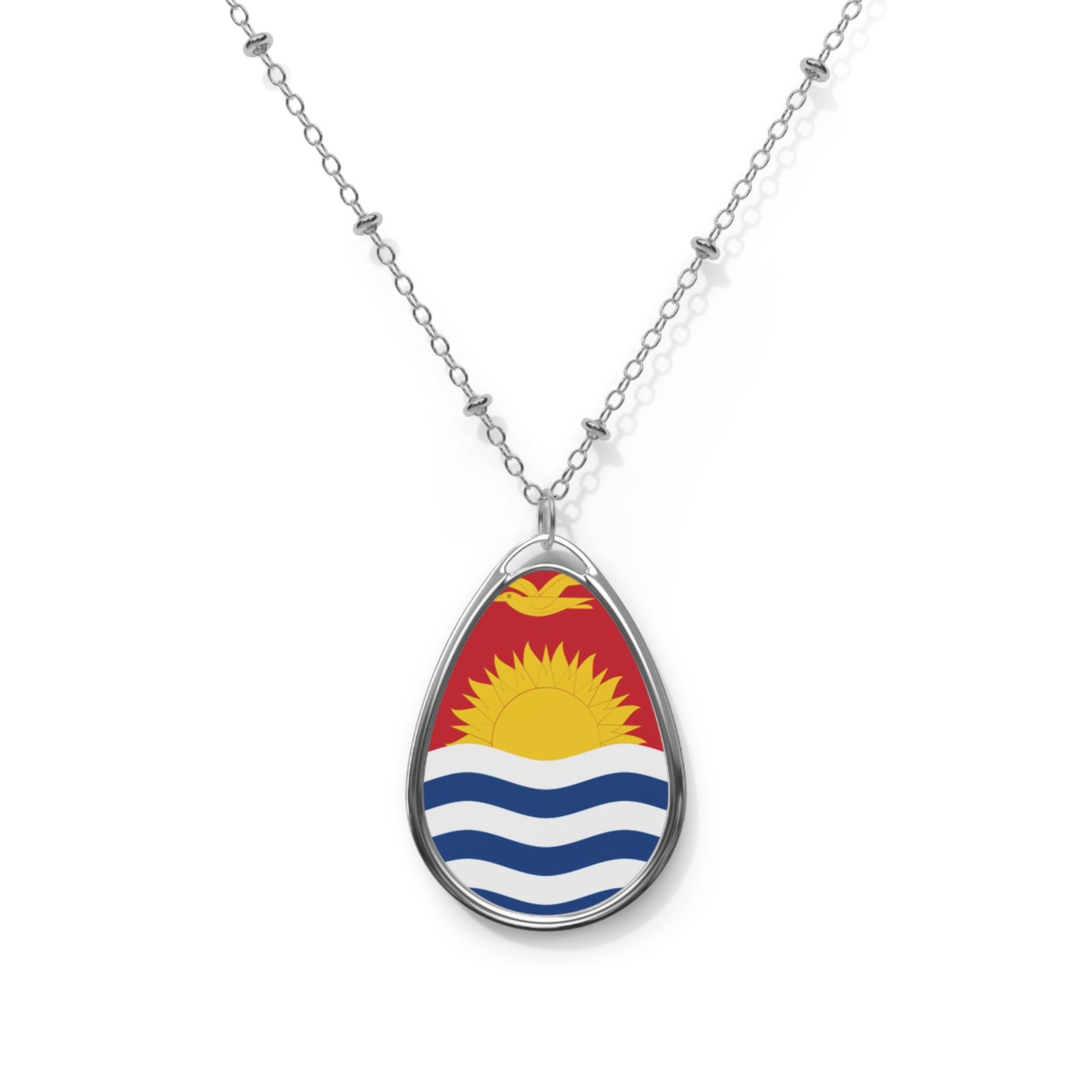 Kiribati Flag Oval Necklace – Heritage Pendant Jewelry – One Size / Silver
