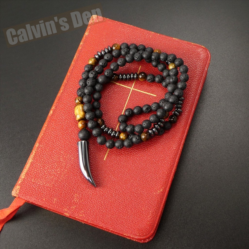 Lava Stone Tiger Eye Black Hematite Tooth Fang Pendant Necklace Men Gift Sleek