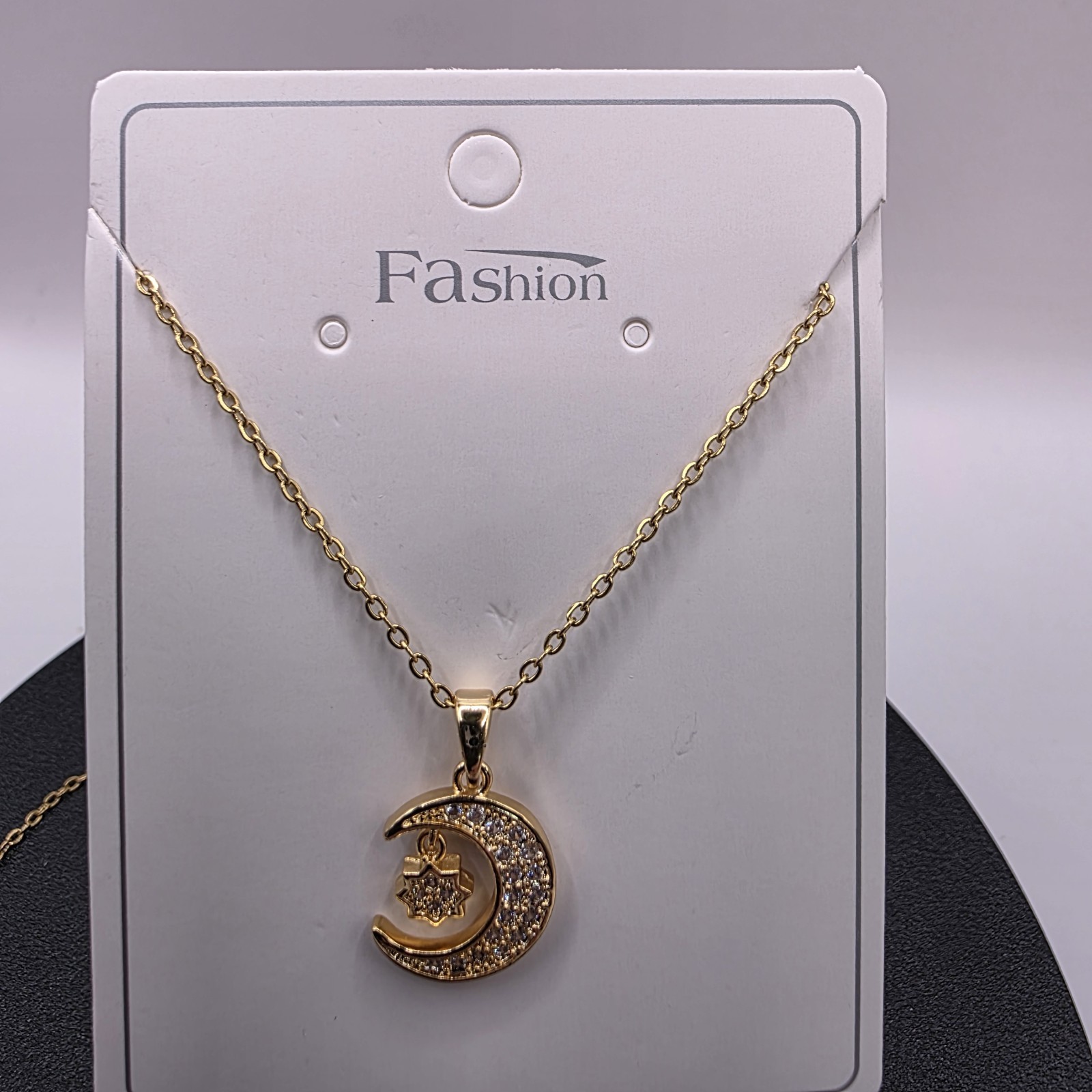 Stainless Steel Copper Plated 16″Necklace w/15mm Cubic Zirconia Half Moon& Star
