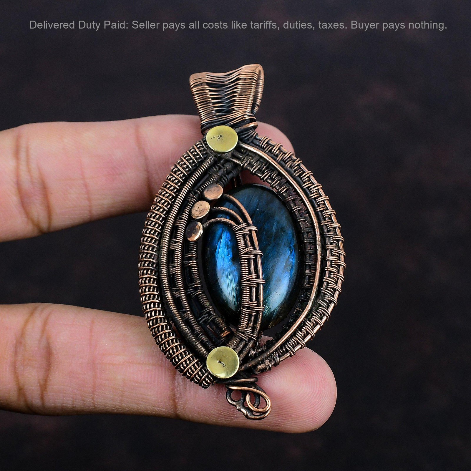 Labradorite Stone Copper Sister Wire Wrapped Birthday Third Eye Chakra Pendant