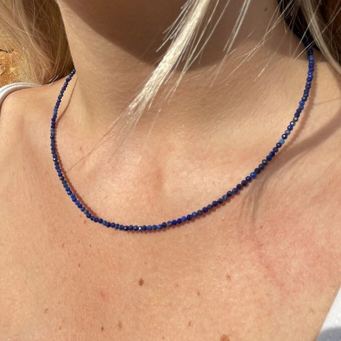 Lapis Lazuli 2mm Tiny Beaded Choker Healing Dainty Women Crystal Necklace Gifts