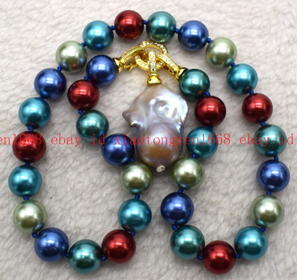 Fashion 12mm Multicolor Shell Pearl & Baroque Pearl Pendant Necklace 16-24in
