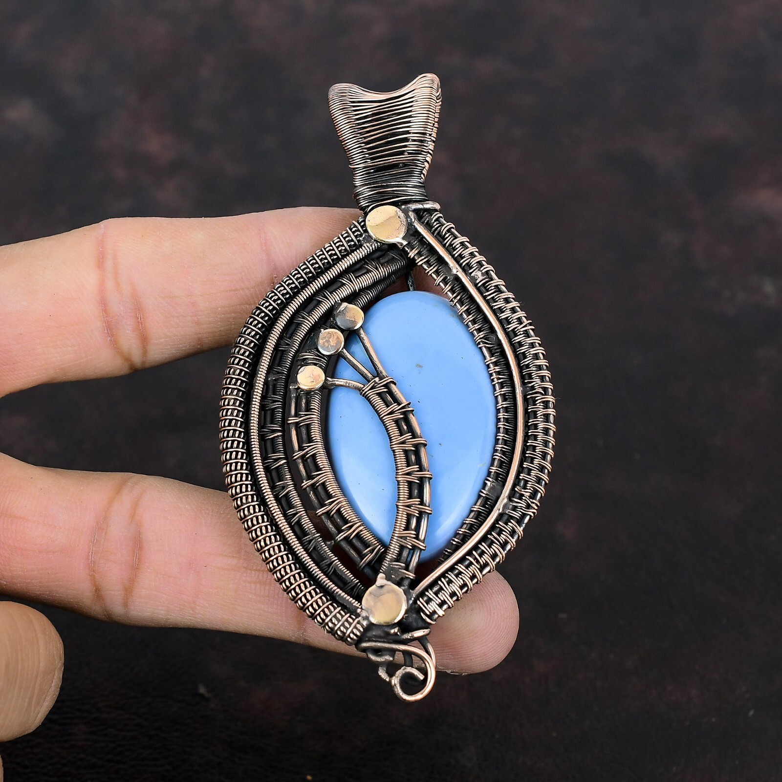 Angelite Gemstone Handmade Jewelry Copper Mum Gift Wire Wrapped Pendant 3.74″