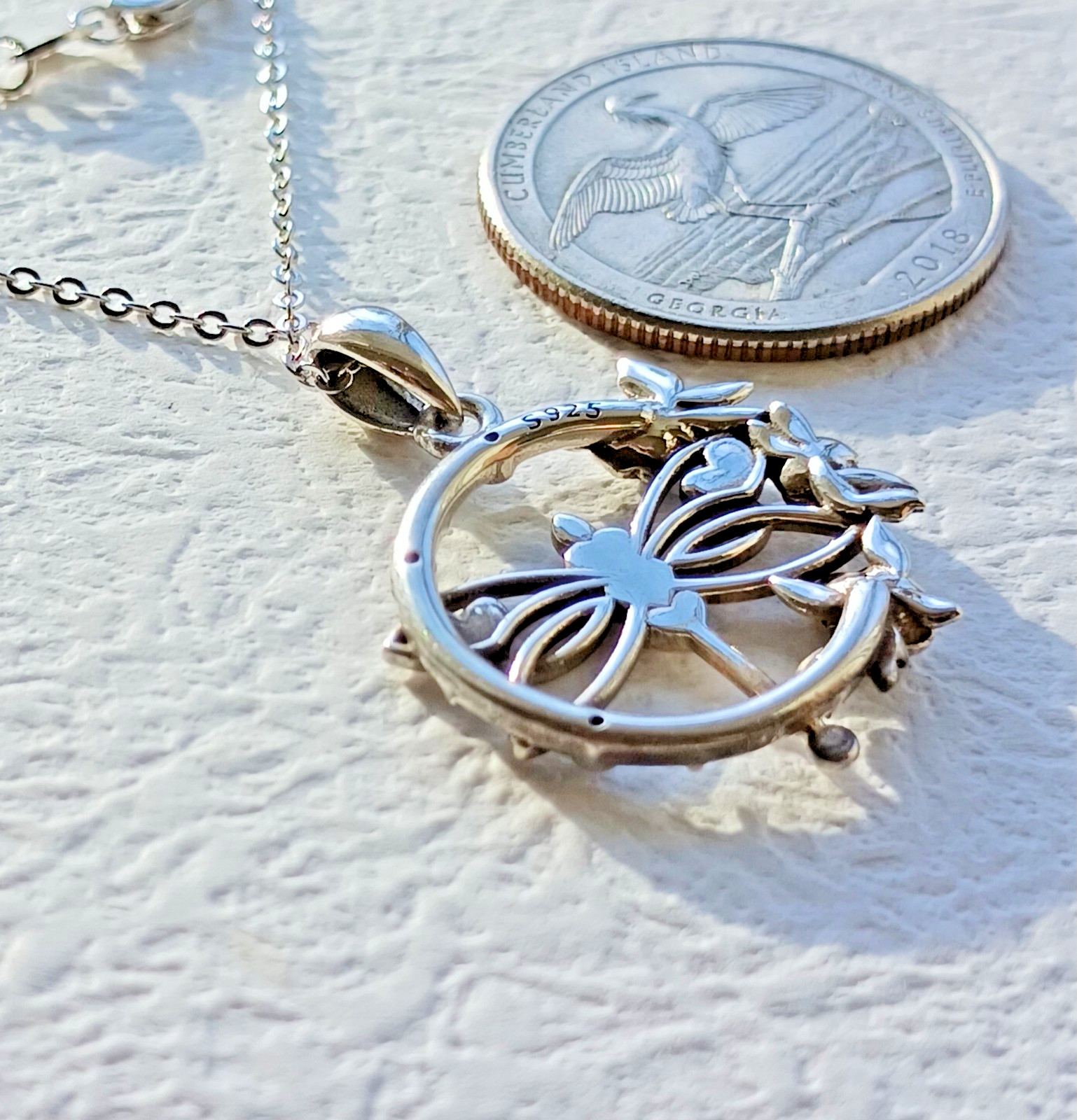 US Seller, Sterling Silver 925 Hearts & Flowers Dragonfly Compass, 18+2″ Chain