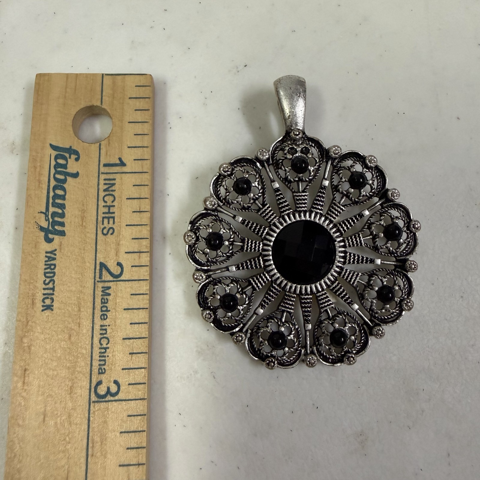 Premier Designs Ornate Silver Tone Black Faceted Stone Filigree Medallion Gem