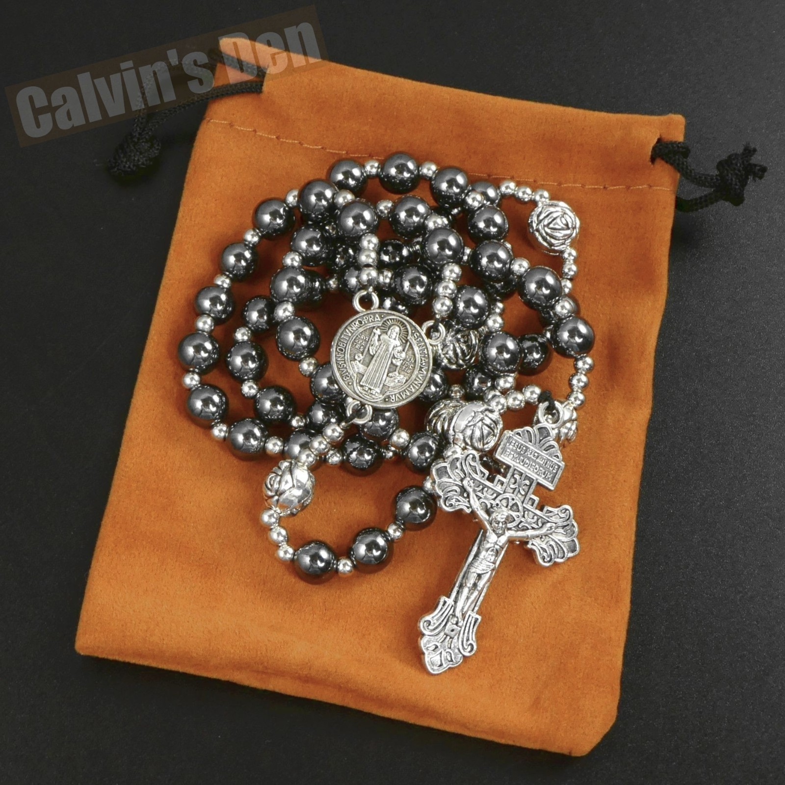St Benedict Rosary Necklace Black Hematite Bead Five Decade Crucifix Cross Gift